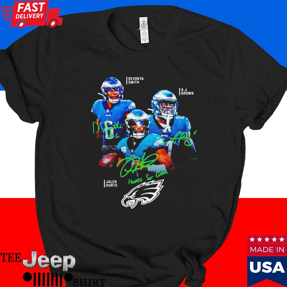 Philadelphia Eagles Aj Brown Jalen Hurts And Devonta Smith Fly Eagles Fly  Signatures Shirt, hoodie, sweater, long sleeve and tank top