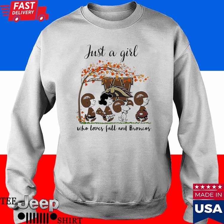 Just A Woman Who Loves Fall and Western Michigan Broncos Peanuts Cartoon T- shirt, hoodie, sweater, long sleeve and tank top